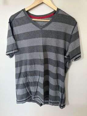 Men's Gray Striped V-Neck Shirt - Casual Everyday Tee